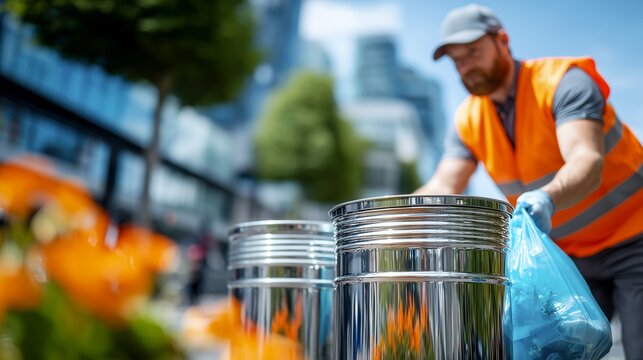 Sanitation worker collecting trash beside public bins in city plaza