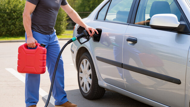 A man is refueling a car, He holds a red fuel canister, The person is standing outdoors, The car has a fuel tank door, He is holding a plastic container, Gasoline is being pumped into the tank