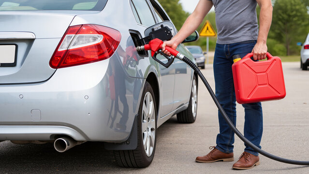 A man is refueling a car, He holds a red fuel canister, The person is standing outdoors, The car has a fuel tank door, He is holding a plastic container, Gasoline is being pumped into the tank