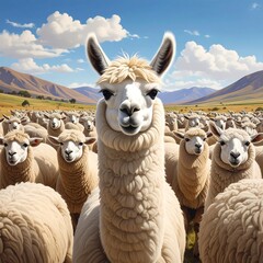 Obraz premium Close-up of a llama among sheep in a field, under a blue sky