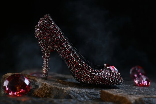 Elegant Gemstone High Heel Shoe and Sparkling Red Jewels on Dark Rock Surface