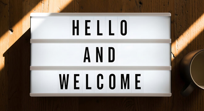 Brightly illuminated lightbox sign warmly extending a heartfelt welcome and cheerful greeting message to all visitors