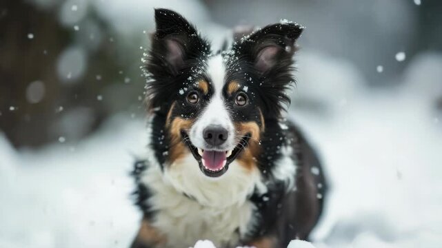 Cute, snow-covered mixed breed dog with floppy ears, looking joyful in winter weather.