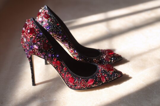 Elegant Black Heels with Ruby Gemstone Embellishments and Sparkling Glitter