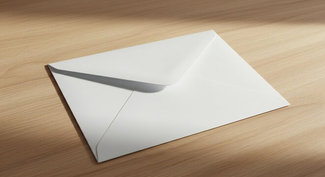 A white envelope lies open on a wooden desk surface indoors.