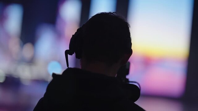 Silhouetted camera operator wearing a headset records a vibrant stage with colorful bokeh lights, capturing behind-the-scenes footage during a live production setup.