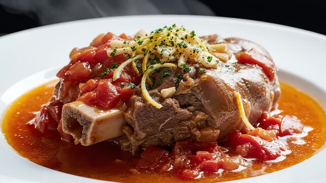 Delicious Braised Lamb Shank With Tomato Sauce and Gremolata, Close-Up Shot