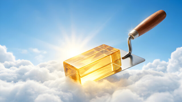 Cinematic realistic photo of a silver trowel laying a glowing golden brick on clouds representing dream foundation.