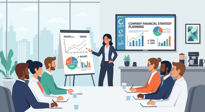 Businesswoman presenting to colleagues in meeting.