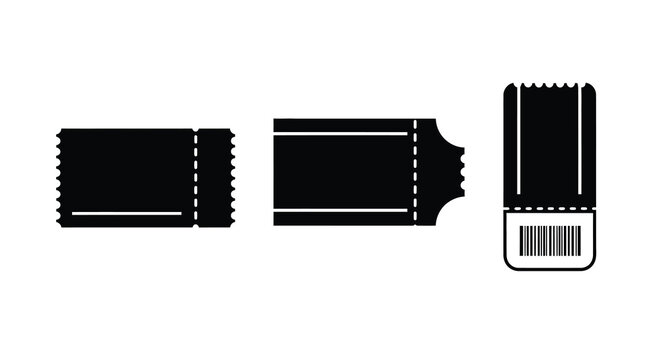 Three black ticket shapes displayed in a row minimalistic silhouette