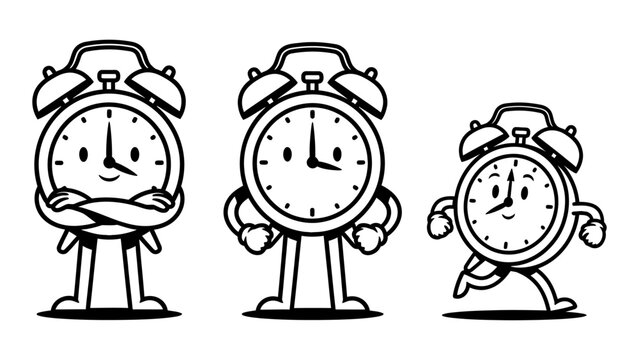 Cartoon alarm clock character set in various poses for time management and deadline concepts
