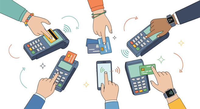 Hands using credit cards mobile phone and smart watch for contactless payment on pos terminal machine vector illustration