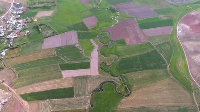 Aerial view of meandering river stream winding through green and brown farmland fields. Overhead footage shows sinuous creek channel curving across patchwork cropland on treeless floodplain.