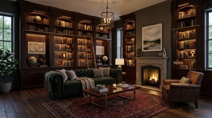 Naklejka premium Luxurious traditional home library with dark wooden bookshelves, a comfortable green sofa, and a cozy fireplace creating a warm, inviting atmosphere.