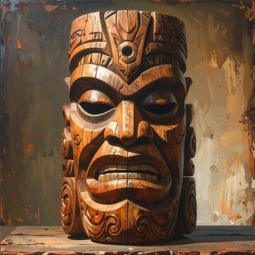 Carved wooden tiki statue with detailed features, against an aged background
