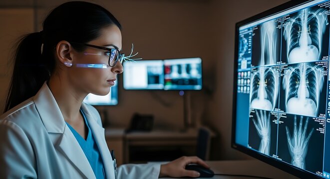 A female doctor in a lab coat examines medical images on a computer screen in a modern hospital.