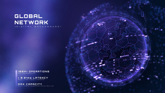 Abstract futuristic technology background showing digital global network. Modern earth data connection concept featuring glowing neon hexagon grid. Vector illustration.