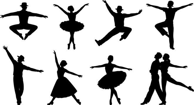 Silhouette dancers in ballet, jazz, ballroom, expressive poses, male and female figures, vector illustration, creative dance art design