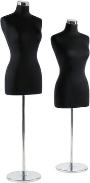 Two black female dress forms with silver neck accents and chrome stands are displayed side by side showing different sizes and proportions mannequin female mannequin black mannequin