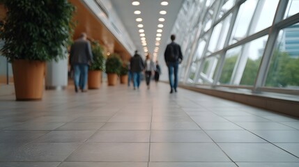 Fototapeta premium Blurred view of people walking in a modern bright indoor corridor with large and plants