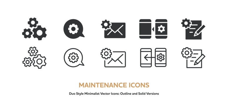 メッセージやファイルの工事中アイコンセット。チャットやメールと歯車のシンプルベクターアイコン