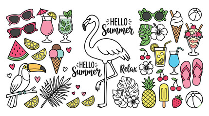 Obraz premium Summer vacation icons with flamingo toucan tropical leaves and drinks.