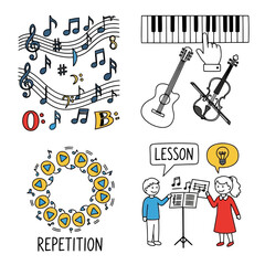 Fototapeta premium Music lesson concept with musical notes piano keys guitar violin and repetition cycle icons showing music theory and education elements in simple doodle drawings.