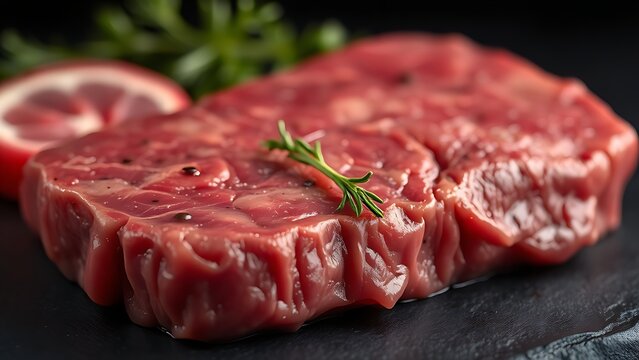 fillet. Fresh fillet steak close-up showcasing raw meat texture on a dark culinary background. menu design, packaging mockups, designed for culinary blogs and recipe cards for restaurants.