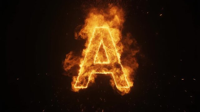 A fiery alphabet letter A glows with burning energy in a hot blaze of smoke and flames against a black background illustration