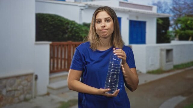 Woman holding a large plastic water bottle with both hands, lips pressed in a resigned expression on a residential street; resignation thirst.