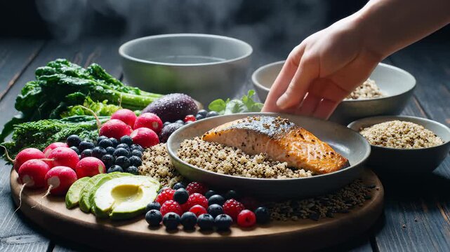 Healthy Salmon and Quinoa Bowl With Fresh Berries and Vegetables