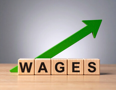 Holzklötze bilden das Wort "Wages", mit einem steigenden grünen Pfeil.