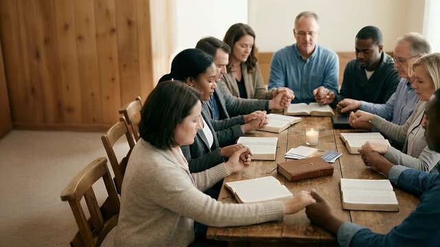 Christian group people holding hands praying worship believe Bible wooden table devotional prayer meeting concept concept as Christian group holding hands praying and worshiping with Bible on wooden t