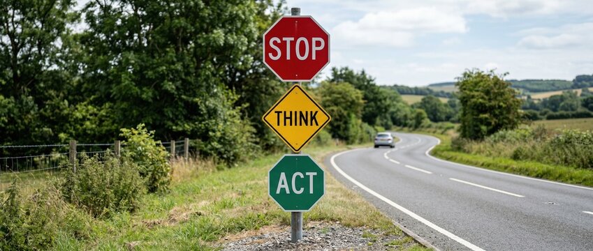 Stop Think Act road sign with red, yellow, and green panels standing beside a winding rural road with a car in the distance.