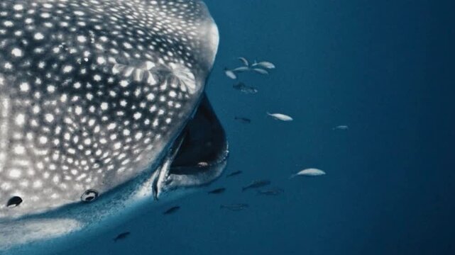 Whale Shark Feeding with Open Mouth Underwater Closeup