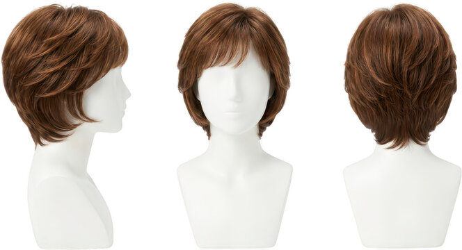 Three views of a layered auburn short wig on a white mannequin head showing front profile and back hair brown style hairstyle female beauty fashion display side perspective