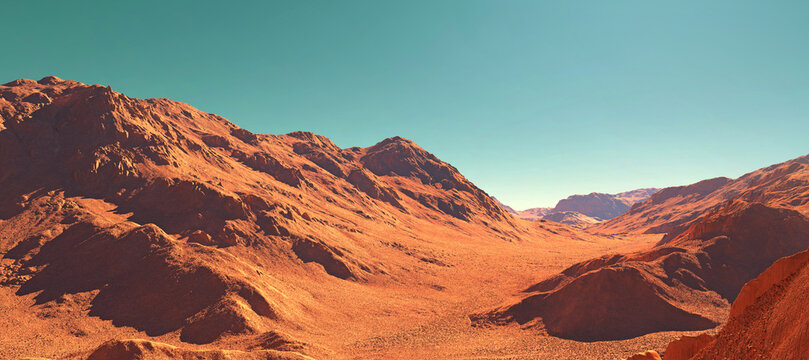 Planet mars illustration, orange red eroded mars surface, science fiction 3D illustration background.