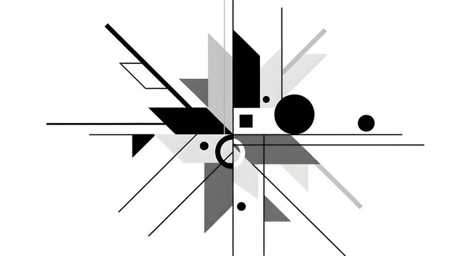 Dynamic black, white and gray constructivist burst of intersecting lines, triangles, circles and squares radiating from the center, forming a precise yet chaotic abstract diagram of movement, balance 
