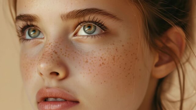 Beautiful young woman with freckles looking to the left. Her makeup is natural and she has a soft smile.