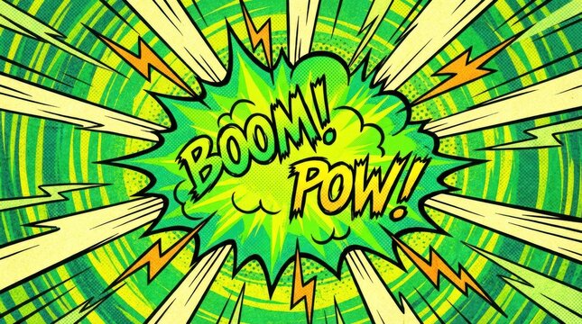 Comic book explosion speech bubble with 'BOOM! POW!' text, dynamic radial lines, halftone dots, and lightning bolts in a vibrant green and yellow retro pop art style.