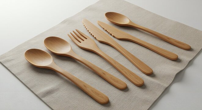 Wooden cutlery set including spoon, fork, knife, and spork on napkin