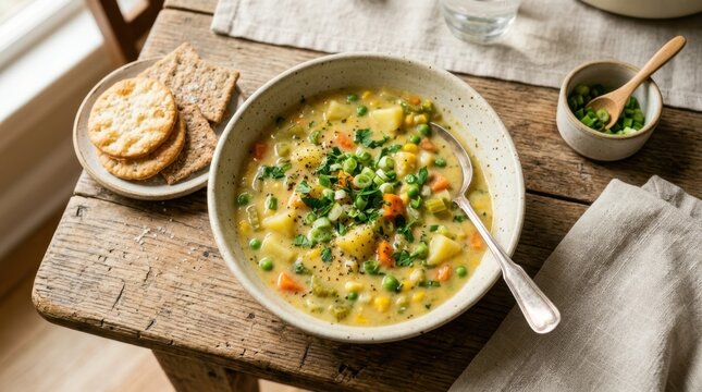 Hearty vegetable chowder with potatoes, peas, and corn served with crackers