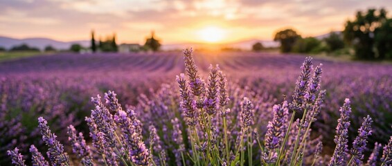 Obraz premium Vibrant lavender field blooming under a beautiful sunset sky, with golden light rays illuminating the purple flowers and distant hills.