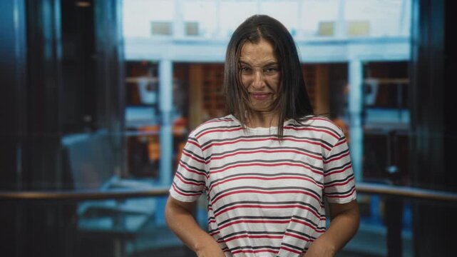 Young hispanic woman grimacing with contorted face and hands at waist inside cruise ship building, appearing queasy and uncomfortable; seasickness disgust.