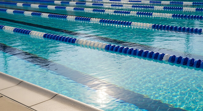 A dynamic visual effect from a crystal clear swimming pool with vibrant blue and white lane lines, inviting summer recreation