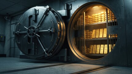 Fototapeta premium Massive bank vault door partially open, revealing shelves stacked with numerous shining gold bars inside a secure facility.
