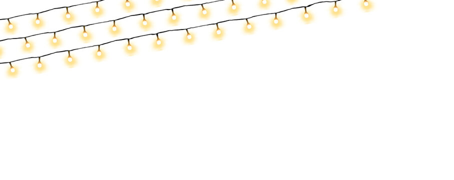 Warm string lights on a white background festive ambiance with glowing yellow bulbs