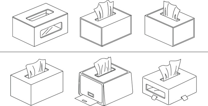 Minimalist isometric line art vector set featuring various facial tissue box designs and napkin dispensers for household or medical use