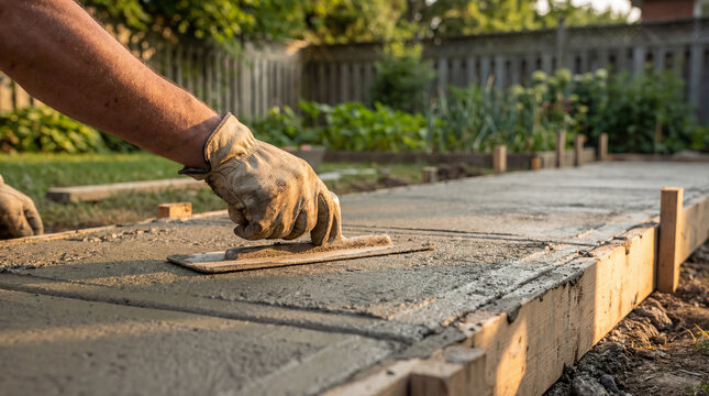 Construction Worker Smoothing Wet Concrete with Trowel Outdoors During Daytime