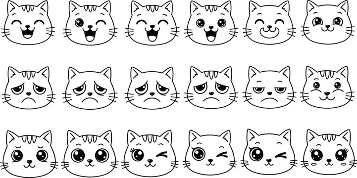 Cute cat face emoji vector set featuring various feline expressions including happy sad winking and crying for social media stickers and chat icons